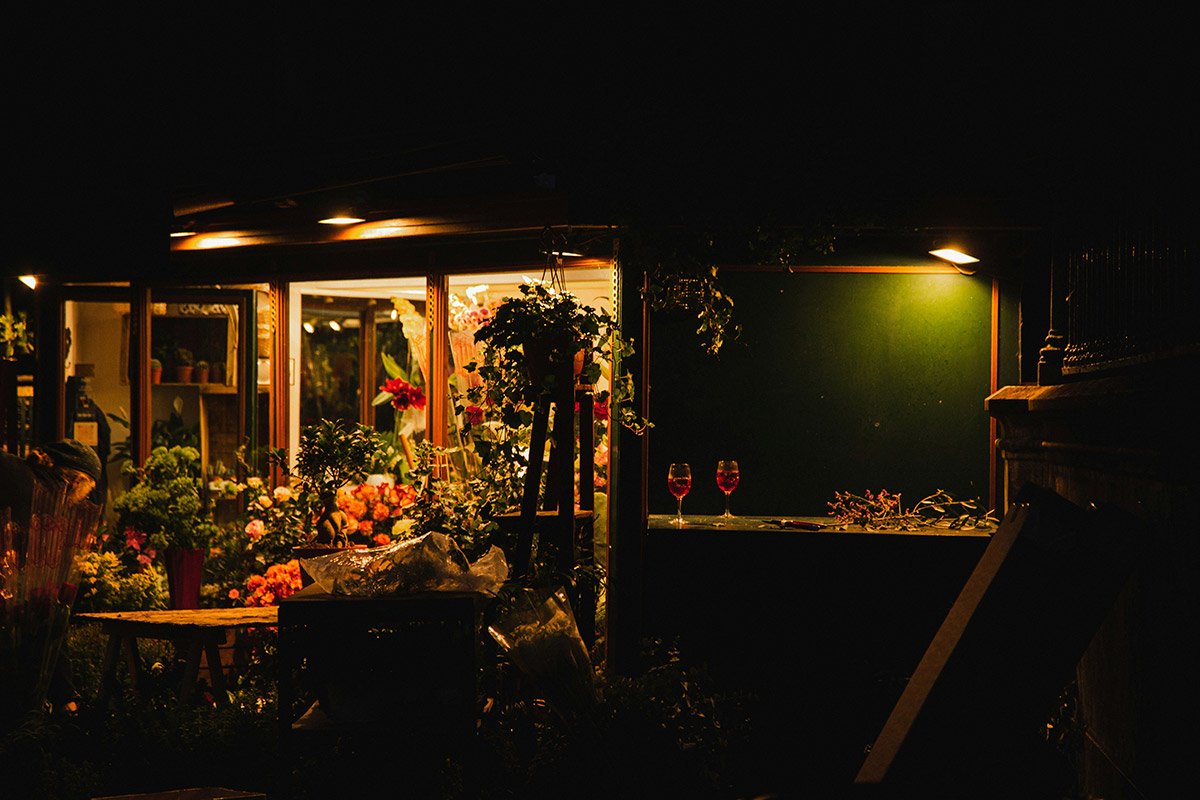 Ambiente nocturno en una florister&iacute;a iluminada, con copas de vino sobre una barra rodeada de plantas y flores variadas